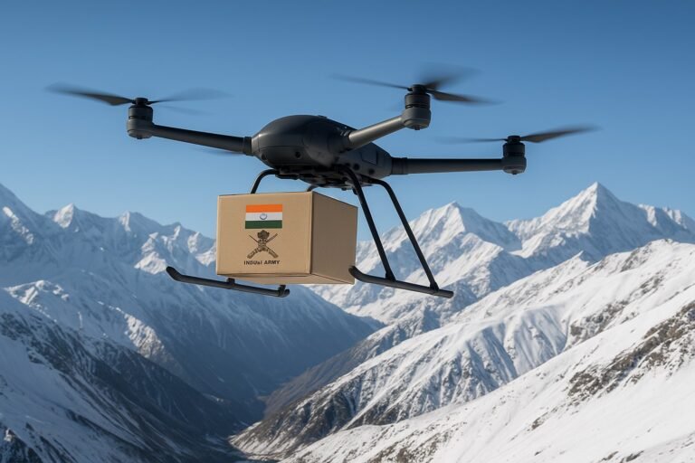 “भारतीय सेना का लॉजिस्टिक ड्रोन बर्फ से ढकी चोटियों पर सप्लाई पहुंचाते हुए – ऑपरेशन सिंदूर के बाद की तकनीकी बढ़त”