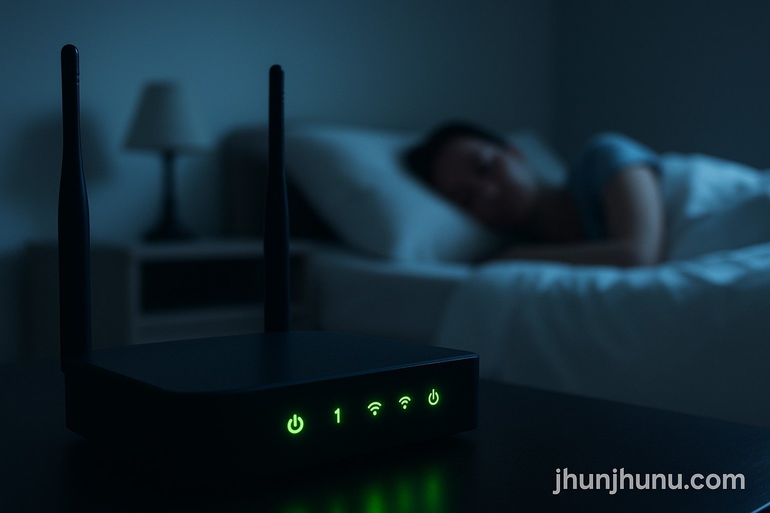 “वाई-फाई राउटर रात में ऑन, बैकग्राउंड में सोता हुआ व्यक्ति — डिजिटल डिटॉक्स और नींद पर असर को दर्शाता हुआ चित्र।”