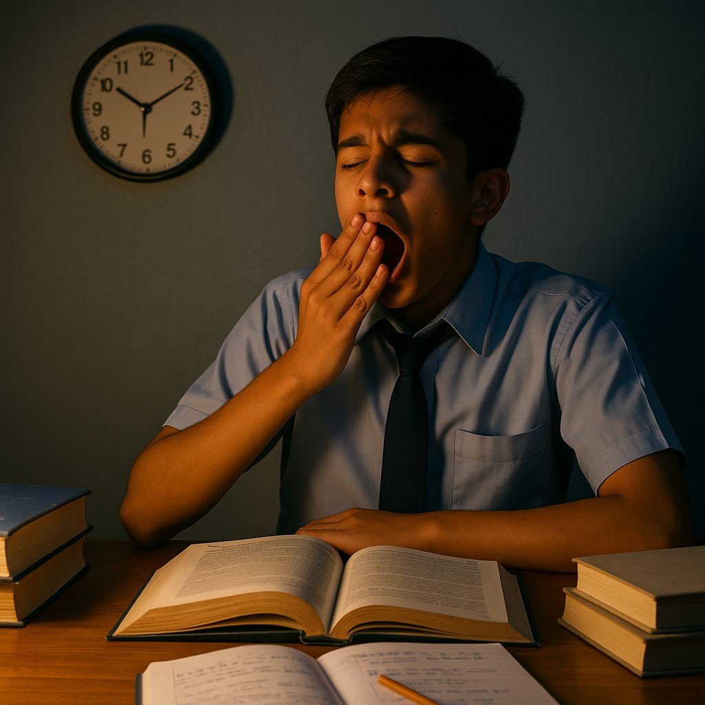 झुंझुनूं का किशोर रात को पढ़ते हुए थका हुआ — नींद की कमी के कारण