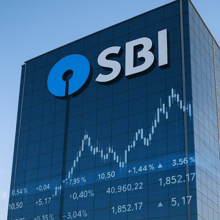 “SBI मुख्यालय भवन और शेयर बाजार ग्राफ – ₹25,000 करोड़ QIP लॉन्च की खबर से जुड़ा”
