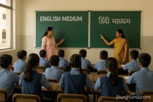 “राजस्थान के सरकारी स्कूल परिसर में एक ही क्लासरूम में हिंदी और इंग्लिश माध्यम की कक्षाएं — पृष्ठभूमि में विद्यालय का भवन और बच्चे अध्ययन करते हुए।”