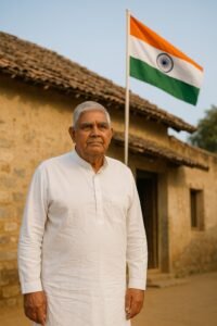 झुंझुनूं के गांव किठाना में खड़ा एक बुजुर्ग, जो उपराष्ट्रपति जगदीप धनखड़ की सादगी और किसान पृष्ठभूमि को दर्शाता है