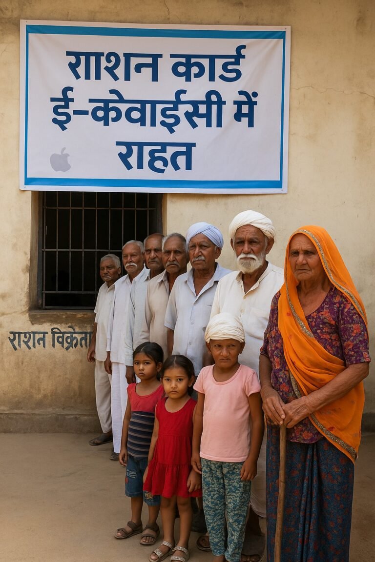 राशन कार्ड के लिए लगी कतार में बुजुर्ग और बच्चे