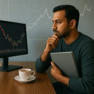 शेयर बाजार के चार्ट को देखकर निवेश योजना बनाता हुआ एक भारतीय व्यक्ति