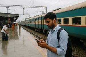 झुंझुनूं स्टेशन पर मोबाइल पर टिकट चेक करता यात्री