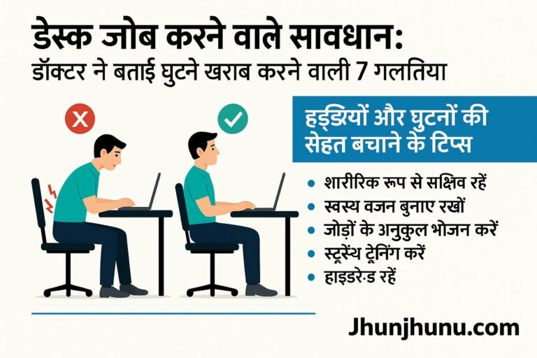 ऑफिस डेस्क पर बैठे कर्मचारी, सही और गलत पॉश्चर के साथ, बगल में हेल्थ टिप्स लिस्ट — Jhunjhunu.com ब्रांडेड इमेज