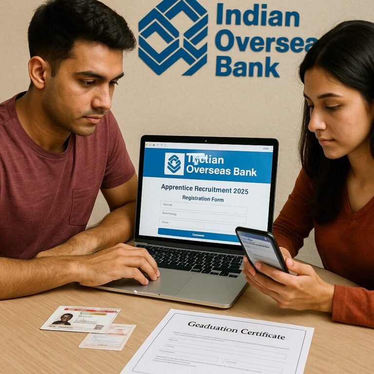 बैंकिंग जॉब की तैयारी कर रहे युवा, लैपटॉप और मोबाइल पर IOB Apprentice Recruitment 2025 फॉर्म भरते हुए।