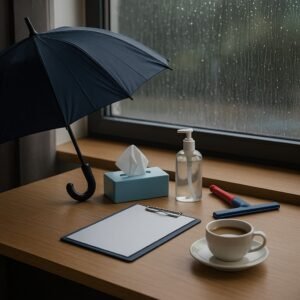 बारिश के मौसम में ऑफिस में बैठा कर्मचारी — सुरक्षा के लिए टिशू और सेनिटाइज़र के साथ