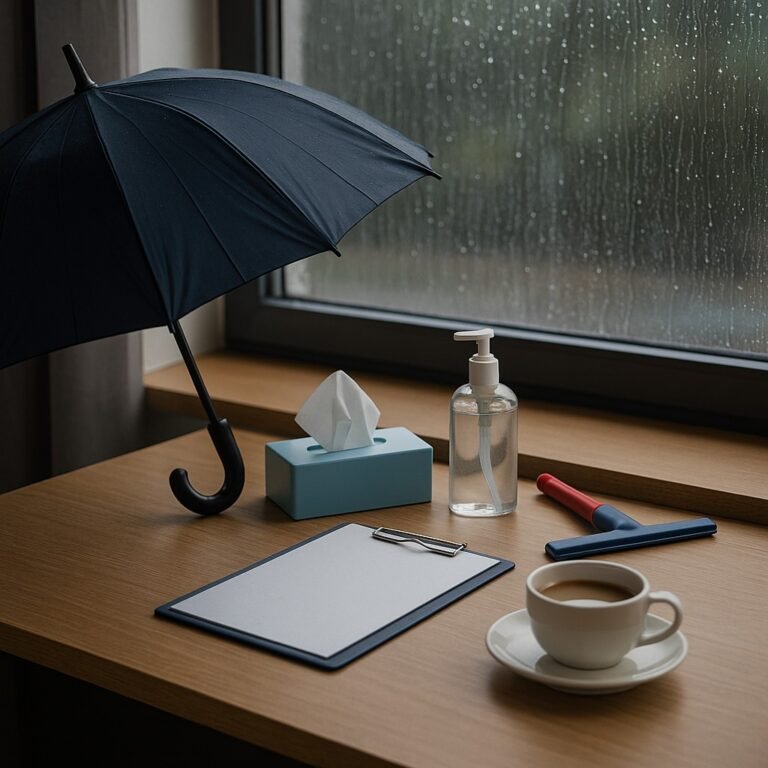 बारिश के मौसम में ऑफिस में बैठा कर्मचारी — सुरक्षा के लिए टिशू और सेनिटाइज़र के साथ