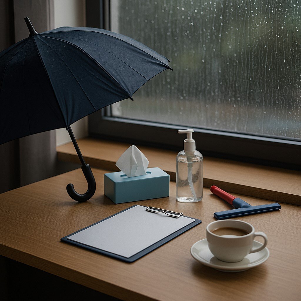 बारिश के मौसम में ऑफिस में बैठा कर्मचारी — सुरक्षा के लिए टिशू और सेनिटाइज़र के साथ