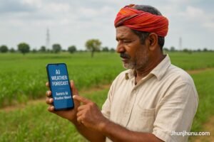 भारतीय किसान मोबाइल पर AI Weather Forecast देखते हुए, पृष्ठभूमि में खेत और बादलों से भरा आसमान