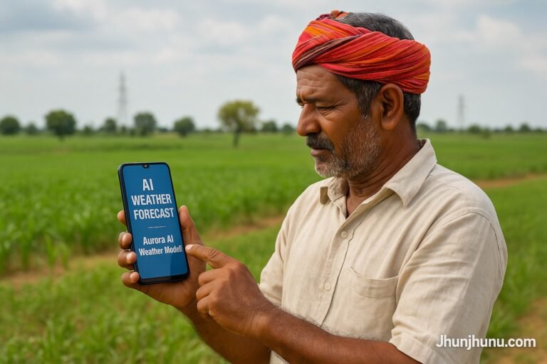 भारतीय किसान मोबाइल पर AI Weather Forecast देखते हुए, पृष्ठभूमि में खेत और बादलों से भरा आसमान