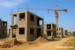 झुंझुनूं की सरकारी कॉलोनी में निर्माणाधीन मकान, पृष्ठभूमि में मजदूर और क्रेन के साथ।