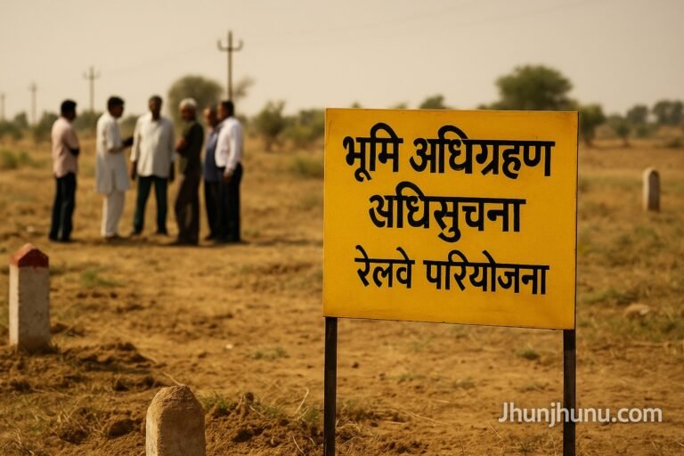 रींगस-खाटू रेलवे लाइन परियोजना के लिए भूमि अधिग्रहण स्थल पर ग्रामीण चर्चा करते हुए