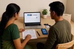 SBI क्लर्क भर्ती 2025 के लिए दो अभ्यर्थी लैपटॉप पर आवेदन प्रक्रिया देखते हुए, टेबल पर परीक्षा सिलेबस, आईडी कार्ड और मोबाइल के साथ साफ-सुथरी स्टडी सेटिंग में