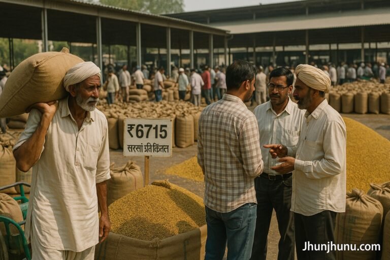 झुंझुनूं मंडी में किसान बोरी और अनाज के ढेरों के बीच सरसों और ग्वार के ताज़ा भाव पर चर्चा करते हुए।