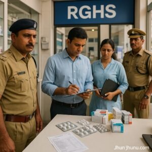 RGHS फर्जीवाड़े में मेडिकल स्टोर और अस्पताल पर कार्रवाई करती पुलिस और स्वास्थ्य विभाग टीम।