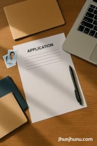 भर्ती आवेदन के लिए पासबुक, पेन, पासपोर्ट फोटो और लैपटॉप के साथ डेस्क पर रखा आवेदन सेटअप