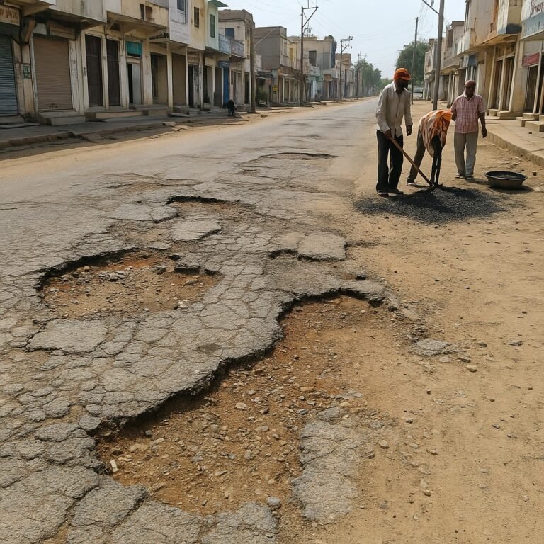 झुंझुनूं की टूटी सड़क पर गड्ढे और मरम्मत करते मजदूर।