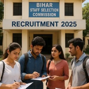 बिहार कर्मचारी चयन आयोग (BSSC) के दफ़्तर के सामने “Recruitment 2025” बोर्ड लगा हुआ है और कुछ युवा उम्मीदवार हाथ में फॉर्म भरते व चर्चा करते हुए दिखाई दे रहे हैं।