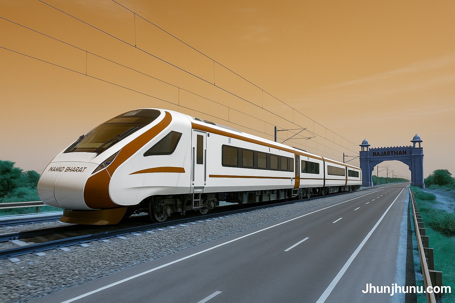 दिल्ली-जयपुर हाइवे पर दौड़ती नामो भारत ट्रेन, राजस्थान प्रवेश द्वार के पास