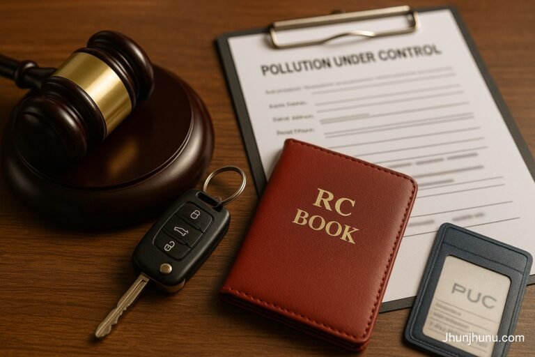Gavel, car key, RC and PUC slip arranged on a courtroom desk.