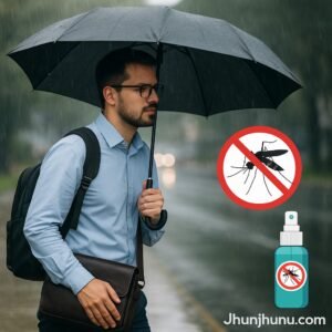 बारिश में छाता लेकर ऑफिस जा रहा व्यक्ति, मच्छर से बचाव के उपाय के साथ