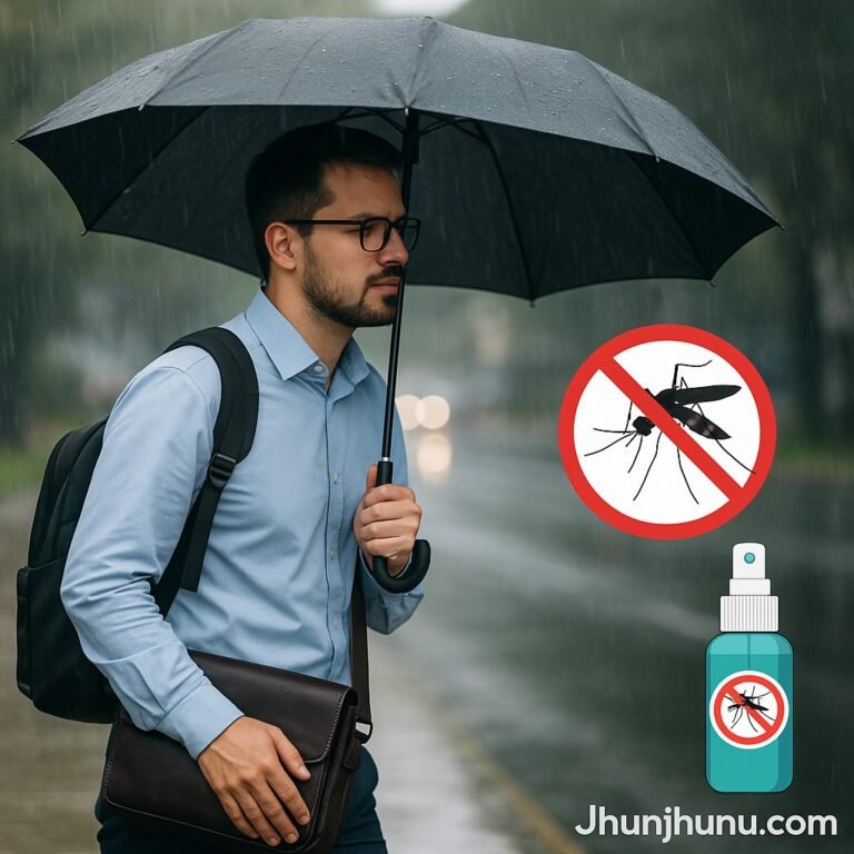 बारिश में छाता लेकर ऑफिस जा रहा व्यक्ति, मच्छर से बचाव के उपाय के साथ