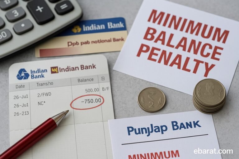 A realistic photo showing a bank passbook with a negative balance circled in red, a “Minimum Balance Penalty” notice, calculator, rupee coins, and blurred public bank logos in the background — symbolizing penalty charges on savings accounts.