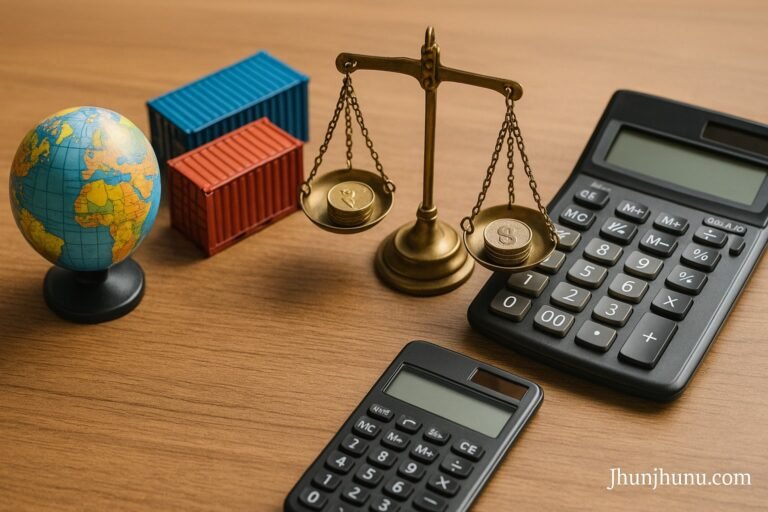 : Mini globe, containers, coins and calculator on desk symbolising tariff impact.