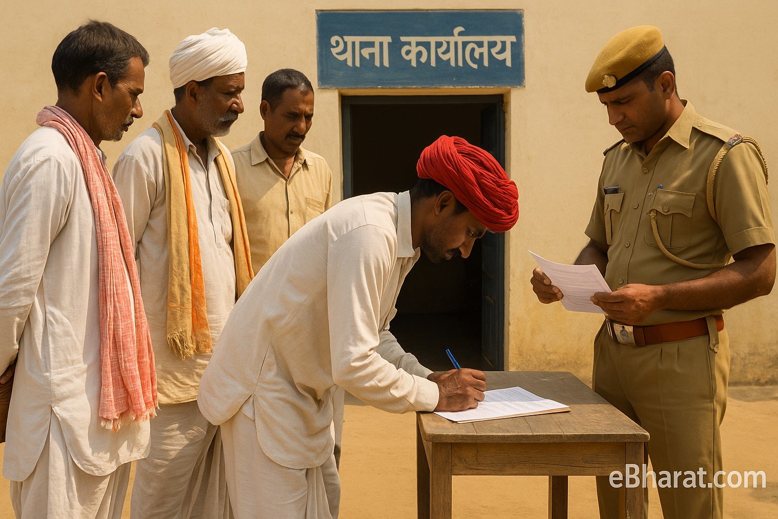 राजस्थान में ग्राम रक्षक भर्ती के लिए ग्रामीण युवक थाने में आवेदन करते हुए