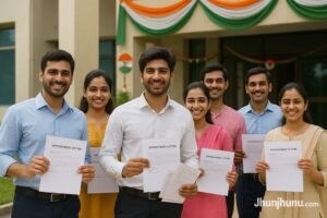 Jhunjhunu youth celebrating new jobs under PM Viksit Bharat Rojgar Yojana with appointment letters.