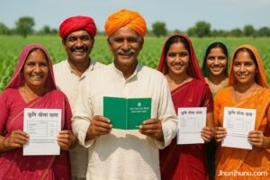 Rajasthan farmers in Jhunjhunu celebrating crop insurance benefits under PMFBY.