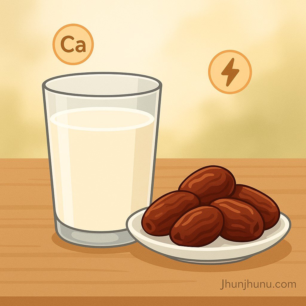 एक गिलास दूध और पास में रखे खजूर, लकड़ी की मेज पर — Jhunjhunu.com वॉटरमार्क