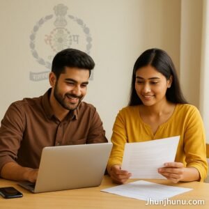 "राजस्थान पुलिस भर्ती के लिए ऑनलाइन आवेदन करते युवा पुरुष और महिला, Jhunjhunu.com वॉटरमार्क।"