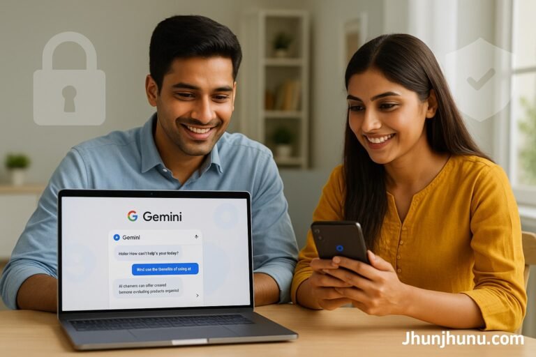 Indian users in Jhunjhunu exploring Google Gemini’s new privacy features on laptop and smartphone.
