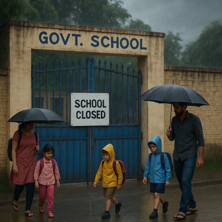 भारी बारिश के कारण झुंझुनूं जिले में स्कूल बंद, बच्चे छातों के साथ घर लौटते हुए।