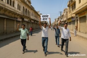 झुंझुनूं शहर का मुख्य बाज़ार पूरी तरह बंद, सड़क पर कुछ लोग नारेबाज़ी और प्रदर्शन करते हुए, चारों ओर बंद दुकानें और सुनसान सड़कें।