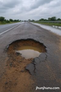 “A damaged stretch of the Jhunjhunu Bypass showing a large pothole and broken asphalt after light rainfall. Wet surface, cloudy sky, and visible erosion indicating poor road quality.”
