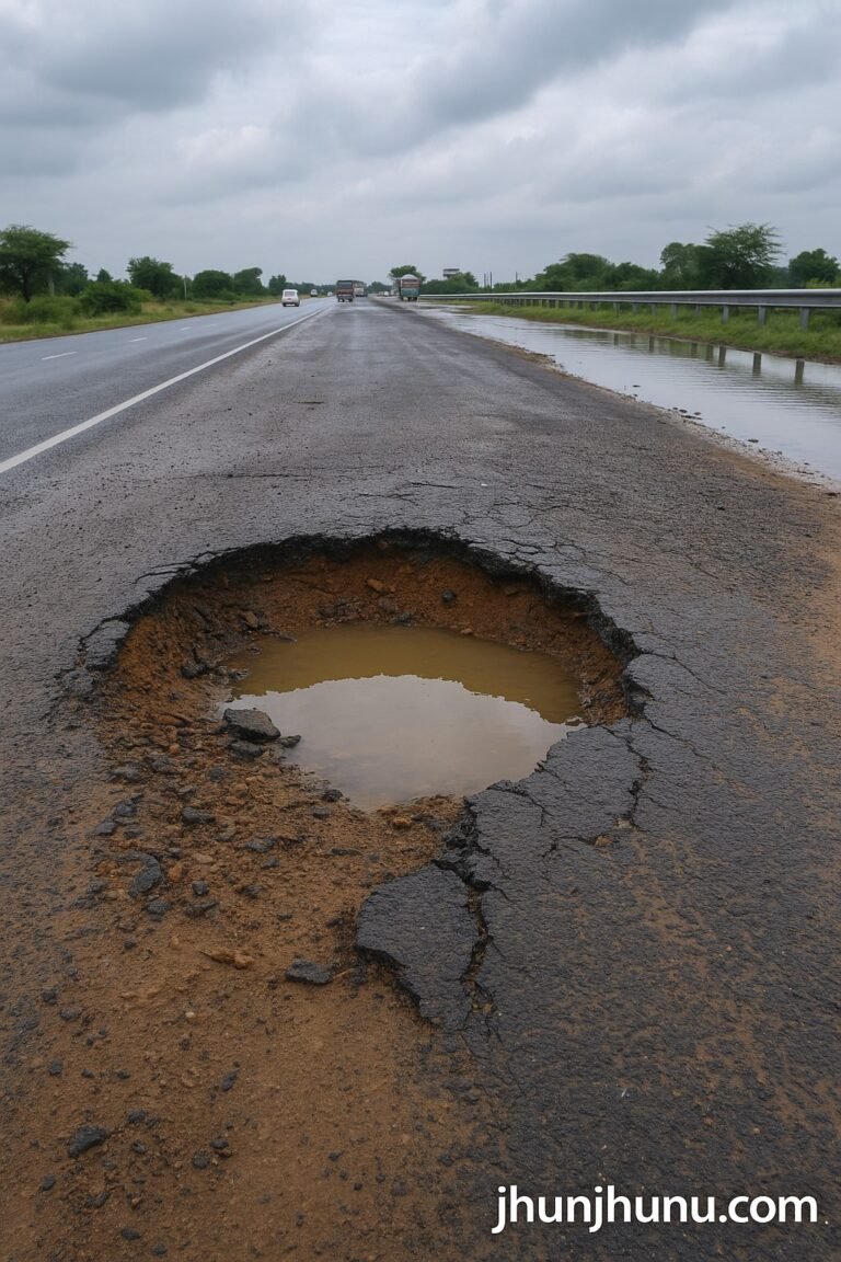 “A damaged stretch of the Jhunjhunu Bypass showing a large pothole and broken asphalt after light rainfall. Wet surface, cloudy sky, and visible erosion indicating poor road quality.”