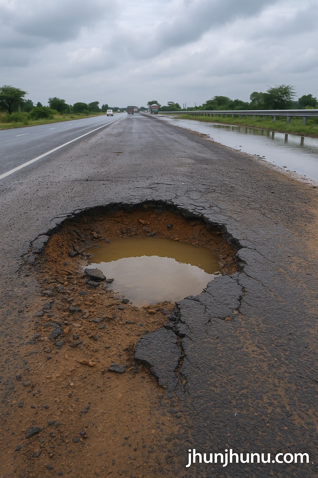 “A damaged stretch of the Jhunjhunu Bypass showing a large pothole and broken asphalt after light rainfall. Wet surface, cloudy sky, and visible erosion indicating poor road quality.”