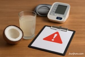 Coconut water with medical warning – glass of nariyal pani beside sugar monitor and red alert card
