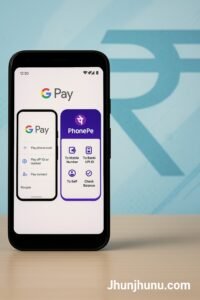 मोबाइल पर Google Pay और PhonePe ऐप के साथ डिजिटल पेमेंट का प्रतीक ₹