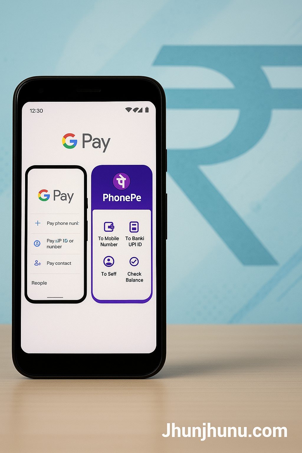 मोबाइल पर Google Pay और PhonePe ऐप के साथ डिजिटल पेमेंट का प्रतीक ₹