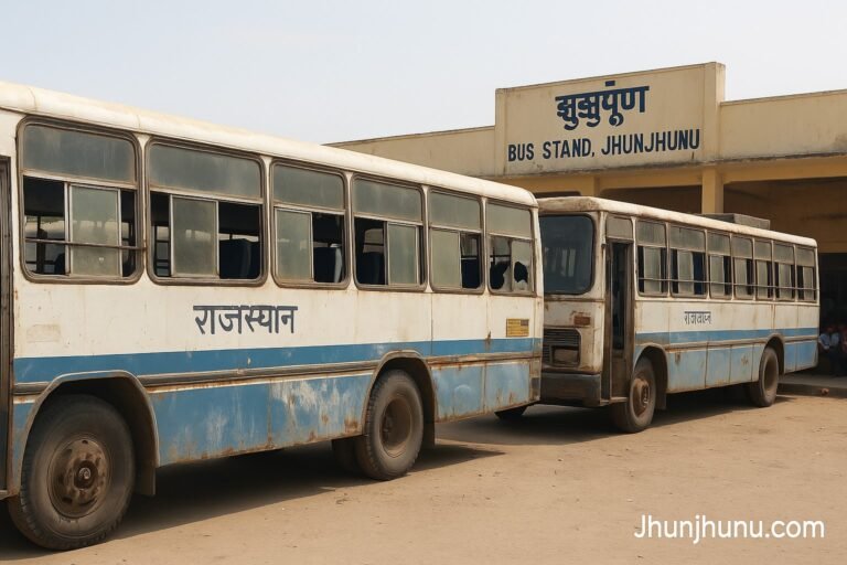 झुंझुनूं रोडवेज़ डिपो में खड़ी पुरानी बसें और यात्री इंतजार करते हुए।