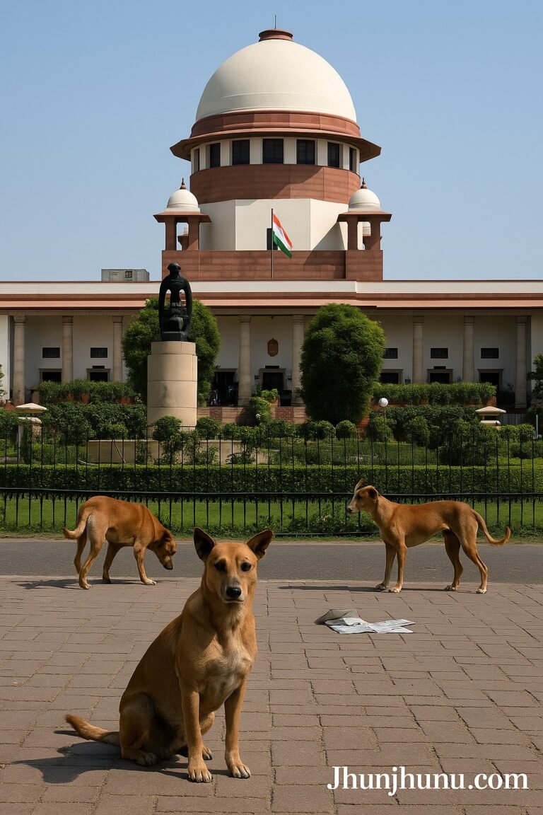 सुप्रीम कोर्ट भवन के बाहर बैठे आवारा कुत्ते, पृष्ठभूमि में तिरंगा और कोर्ट की इमारत।