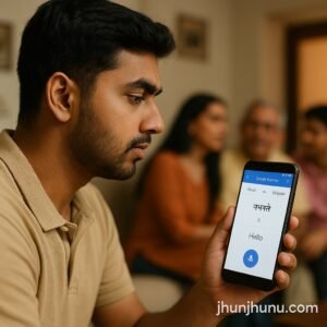 भारतीय युवा अपने स्मार्टफोन पर Google Translate ऐप में हिंदी और अंग्रेजी की लाइव बातचीत करते हुए