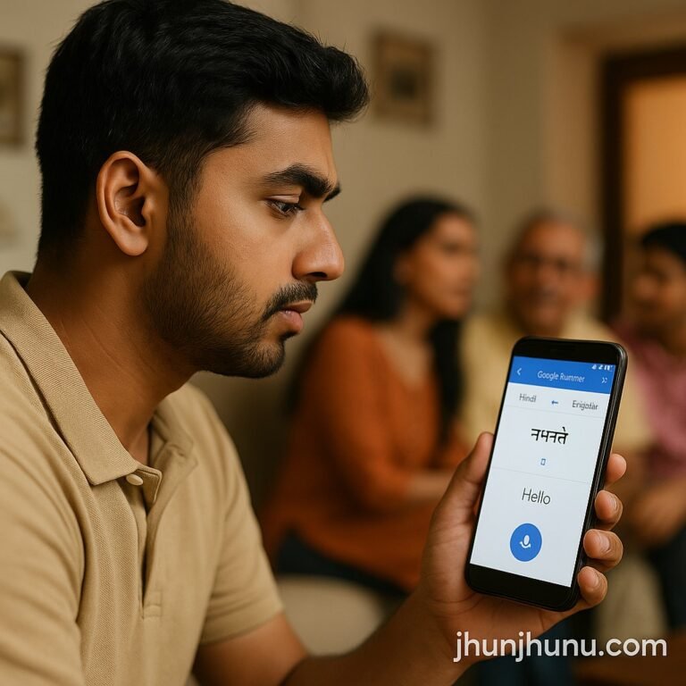 भारतीय युवा अपने स्मार्टफोन पर Google Translate ऐप में हिंदी और अंग्रेजी की लाइव बातचीत करते हुए