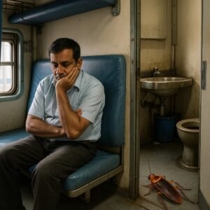 भारतीय रेलवे के AC कोच में यात्री, गंदे वातावरण और तिलचट्टों के साथ सफर करते हुए, CAG रिपोर्ट का सच दर्शाता दृश्य।