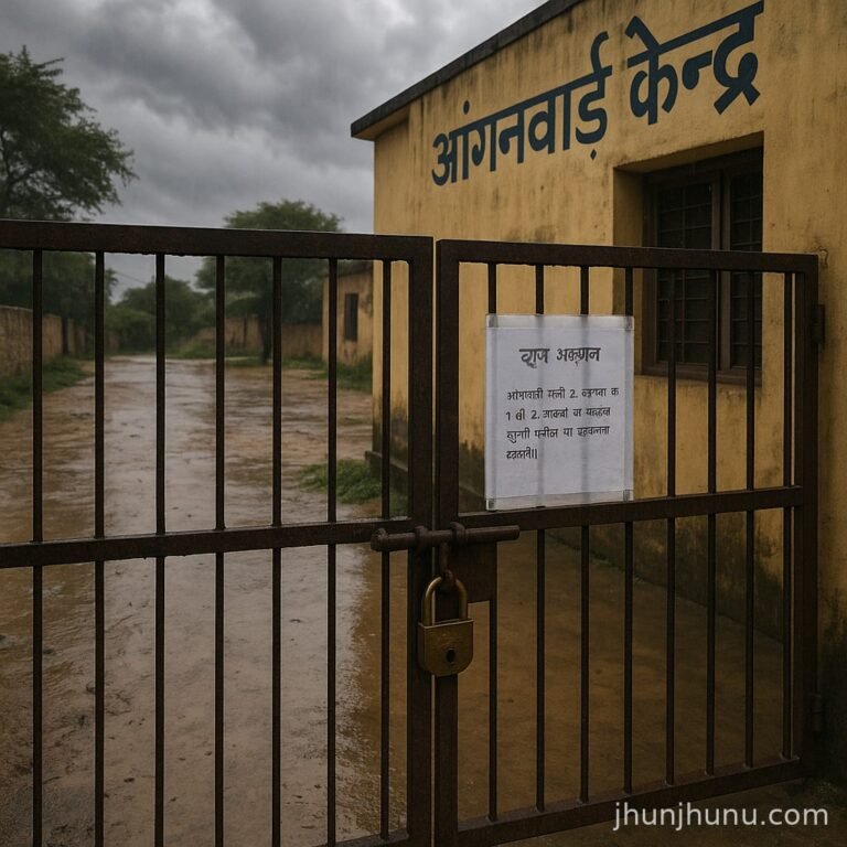 झुंझुनू में बारिश के कारण बंद आंगनवाड़ी केंद्र का दृश्य, गेट पर अवकाश का नोटिस